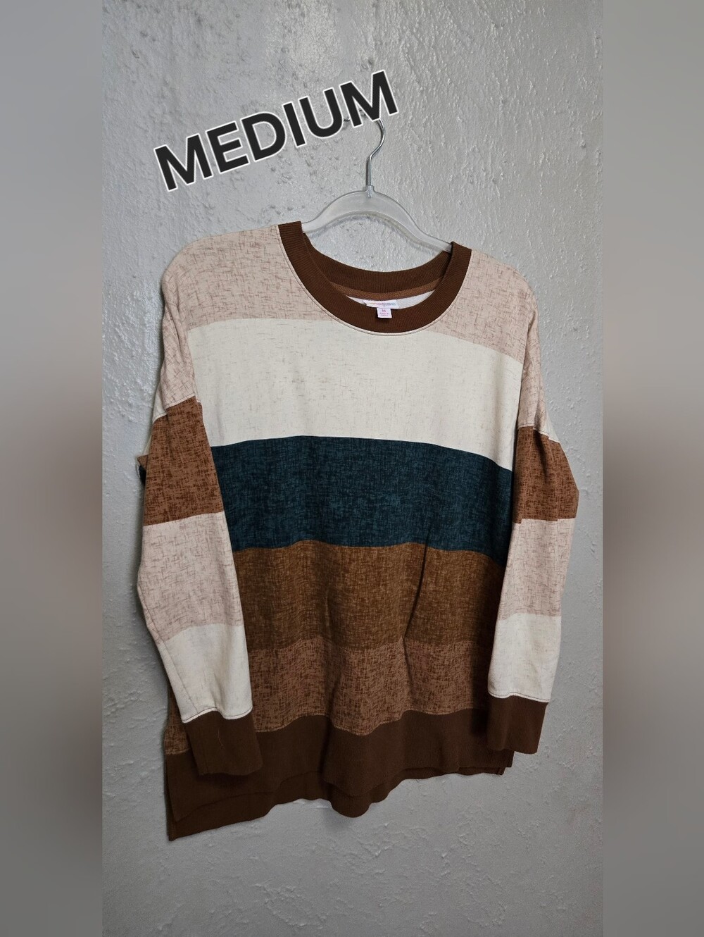 LuLaRoe Hannah Long Sleeve Top ~ brown, cream, dark green stripes Size Medium